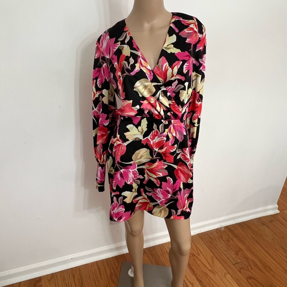 Marciano Black and Pink Floral Faux-Wrap Mini Dress